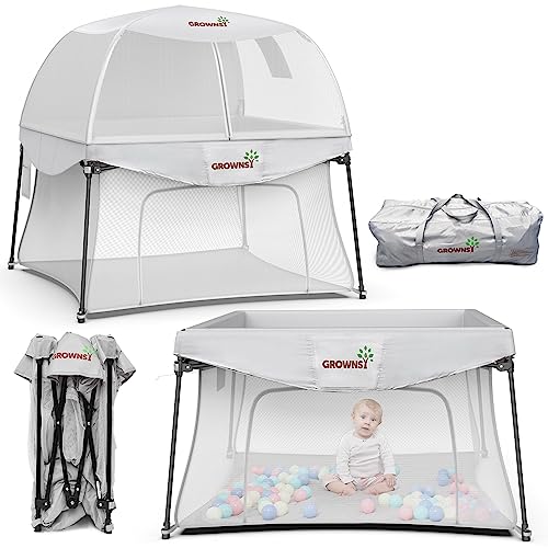 Image of Foldable Playpen, GROWNSY Portable Baby Playpen with Canopy for Babies and Toddlers, Play Yard for Indoor/Outdoor, Lightweight and Sturdy, 48×48 Inch, Grey