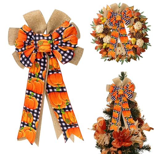 HIENAJ Fall Bows for Wreath, Thanksgiving Pumpkin Wreath Bows Autumn Leaves Bows White Black Buffalo Plaid Bows Orange Burlap Bows for Front Door Indoor Outdoor Wall Decoration Supplies Ornaments 17