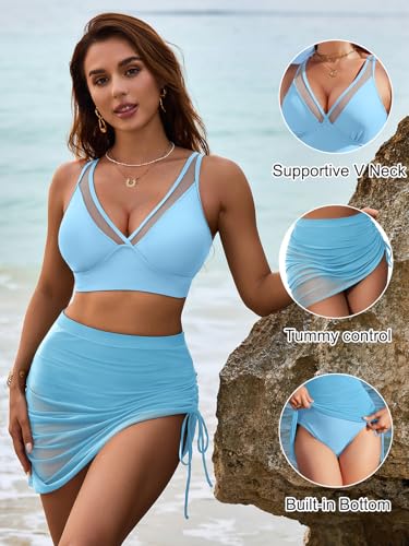 Image of Blooming Jelly Womens Swim Skirt High Waisted Bikini Sets Tummy Control Swimsuits Mesh Sarong Wraps Bathing Suits