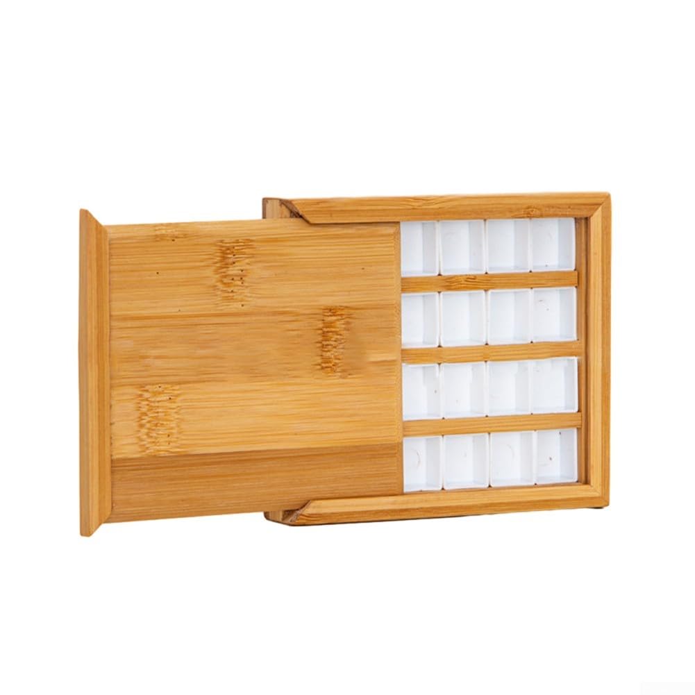 RANRAO Paleta de pintura de bambú vacía portátil, 24 cuadrículas, paleta de pintura de acuarela de madera de bambú, caja vacía con tapa, bandeja de paleta de madera para arte de madera, contenedor de