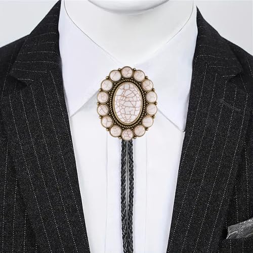 Image of GelConnie Bolo Tie for Men Women Western Cowboy Turquoise Leather Necktie | Natural Stone Bolo Tie Necklace for Women Rodeo Cowboy Leather Necktie Native American Western Cowgirl Ties Adjustable Cord