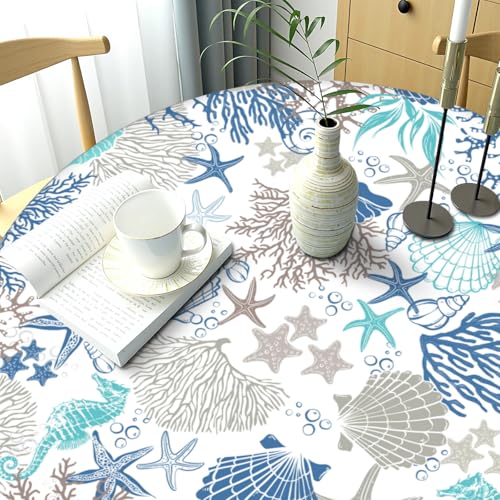 ABSOP Summer Coastal Round Fitted Tablecloth with Elastic Edge 40-44 Inch Nautical Coral Table Cover Washable Starfish Seashell Seahorse Table Cloth for Kitchen Dining Decor by ABSOP - Image 7