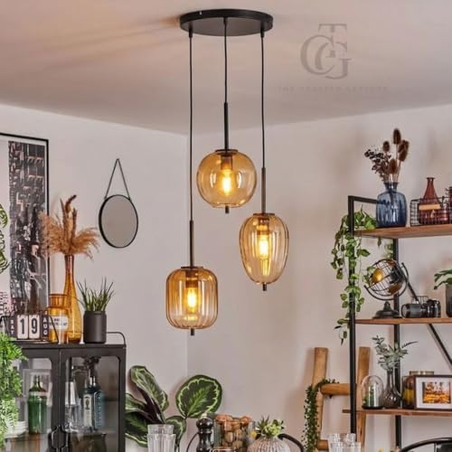 Image of Decorative Glass Pendant Lights|Perfect for Kitchen, Dining Room, Cafe or Living Room Lighting|Set of 3 Elegant Ribbed Amber-Glass Shades