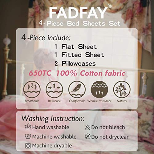 Fadfay Bed Sheets Pink Rose Floral Print Bed Sheet Set 4-Piece Full Size #TOP6