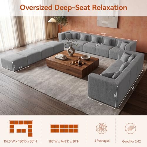Image of MONVANE Modular Sectional Sofa, Oversized 12 Seat Convertible U Shaped Couch with Ottoman, Comfy Chenille Cloud Couch with Pillow, Sectional Couches for Living Room, No Assembly Required, Light Grey