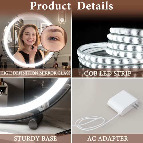 Fennio 18 Inch Large Vanity Mirror With Lights, Round Led Lighted Up Makeup Mirror, Large Makeup Mirror With Lights, Touch Screen With 3-Color Lighting Dimmable, For Vanity Desk Tabletop, Bedroom #TOP5