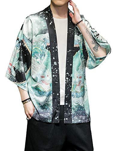 Image of Men's Japanese Kimono Robe Jacket Lightweight 3 /4 Sleeve Open Front Yukata | Silky Smooth Fashion Print Happi Coat Lightweight Breathable Loose Unisex Haori Casual Summer Cardigan Daily Beach Vacation