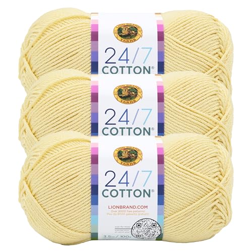 Image of Lion Brand Yarn, 24 /7 Cotton Yarn, Buttercream, Yellow, 3 Pack | Light Worsted 100% Mercerized Cotton Yarn for Crochet, Knitting, Craft, 185 Yards of Natural Fiber for Tees, Bags, Dishcloths