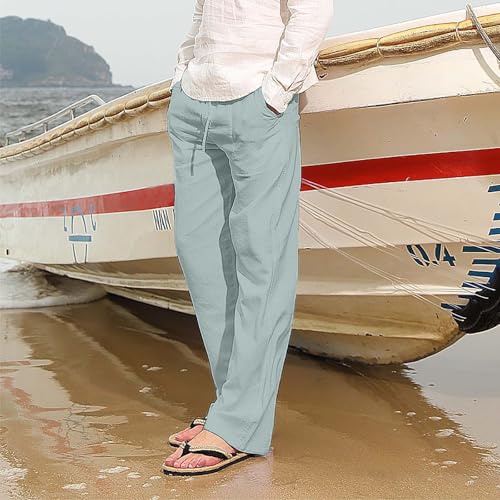 Men's Casual Linen Pants Beach Summer Drawstring Elastic Waist Lightweight Trousers Pants2