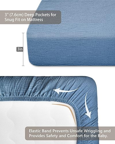 Image of Pack and Play Sheets for Baby Boys and Girls 39 inchx27 inchx3 inch, Neutral Muslin Cotton Pack N Play Mattresses Sheet with Boho Style, Soft and Breathable Comfort (Blue)