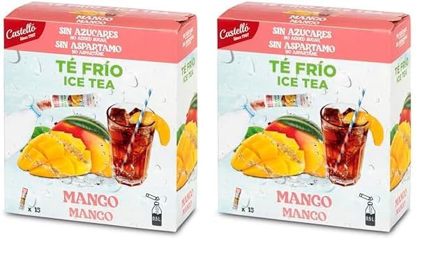 Castello since 1907 Té Frío Zero & Instantáneo | Mango | 15 sobres | 1 sobre : 500 ml de Té | 0 Calorías | 0 Azúcar | 0 Aspartamo (Paquete de 2)