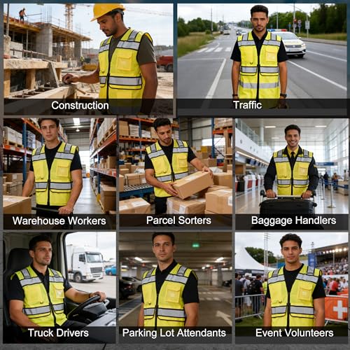 Image of A-SAFETY High Vis Reflective Safety Vest for Men Women Zipper Ipad Pockets Mesh Construction Apparel Neon Vest for Work