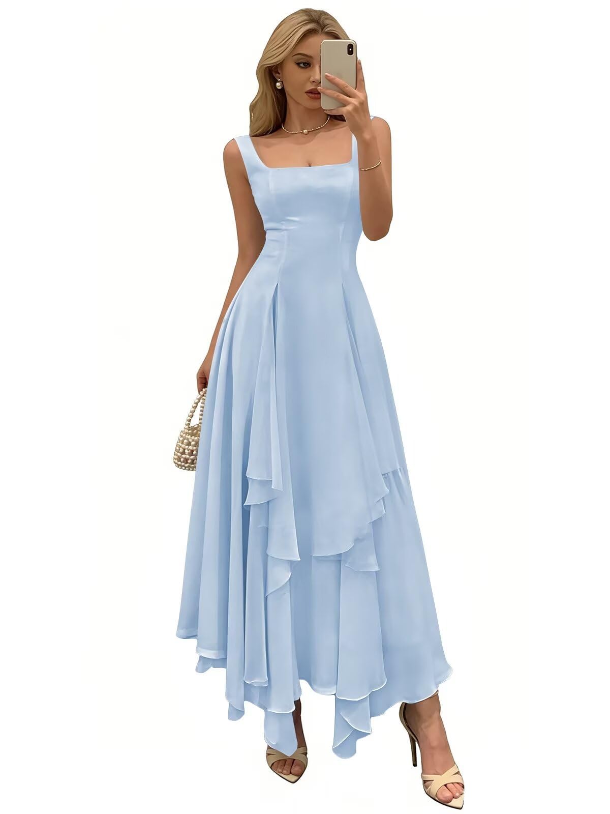 Damen Abendkleid Damen Lang Elegant Brautjungfernkleid A-Line Rüschensaum Festkleider Für Hochzeiten