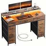 HLONONE Schreibtisch mit 8 Schubladen, Computertisch mit 2 Steckdosen und 2 USB Ladeanschluss, Bürotisch mit LED und Monitorständer, PC Tisch für Büro, Wohnzimmer, 120 x 50 x 74 cm, Braun