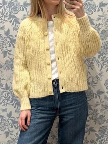 Image of Women's Casual Puff Long Sleeve Crew Neck Cardigan Button Down Open Front Knit Loose Sweater Outwear