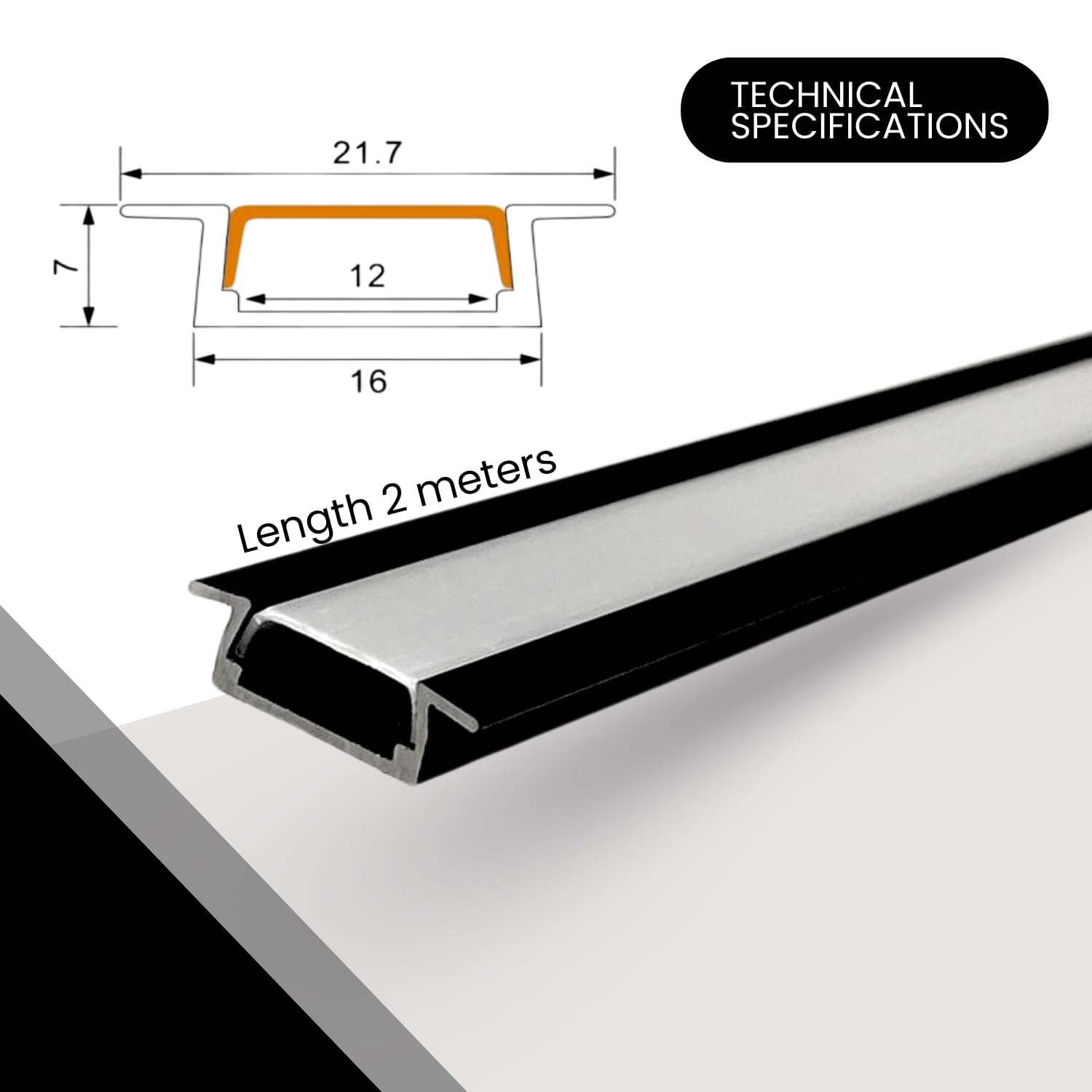 Profilé Aluminium Encastrable Pour Bande LED - 2 Mètres - Largeur 21,7 Mm, Hauteur 7 Mm - Finition Aluminium - 2