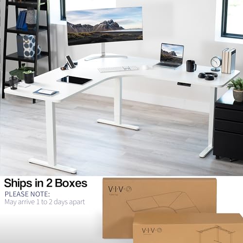 Image of VIVO Electric Height Adjustable 71 x 71 inch Curved Corner Stand Up Desk, White Table Top, White Frame, Memory Controller, L-Shaped Workstation, E3C Series, DESK-KIT-E3CWW