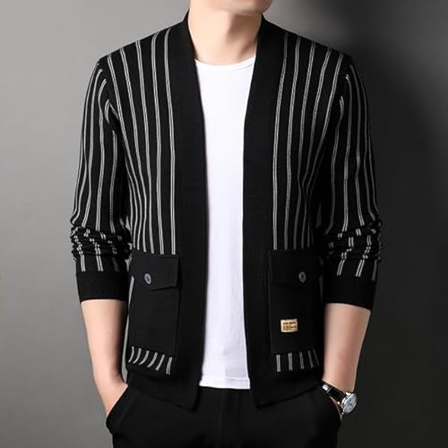Suéter masculino primavera e outono tricotado listras verticais casaco cardigã casual roupas de mang