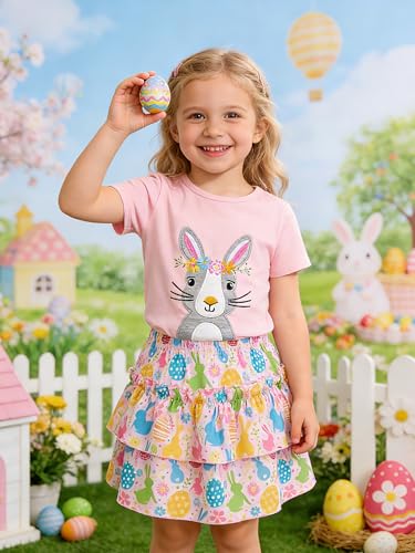 Image of Little Girls Skirt Set - 2 Piece Short Sleeve Top Shirred Tiered Skirt Outfit Girls Spring Summer Clothes 3-8 Years