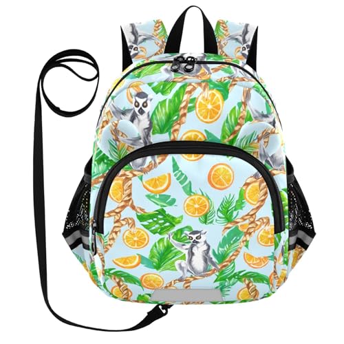 Lemur Orange Tropical Leaves Toddler Harness Backpack for Boys Girls 3-6 Years Kids Backpack with Anti Lost Safety Leash Baby Travel Bag for Preschool Walking Travel