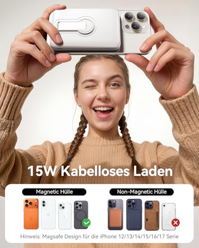 Powerbank für Magsafe, 12000mAh Kabelloses Power Bank mit 22.5W PD USB-A Ausgabe, Magnetische Externe Handyakkus mit LED-Anzeige, Typ-C Eingang & Ausgang für iPhone 17/16/15/14/13/12/Pro/Pro Max 2