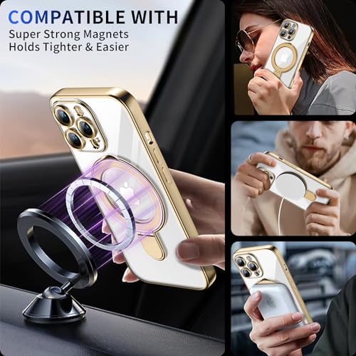 Image of Magnetic for iPhone 14 Pro Case with Invisible Stand[Compatible with MagSafe][Full Camera Lens Protector][Military Drop Protection]Shockproof Not Yellowing Clear Slim Soft for Women Men Gold