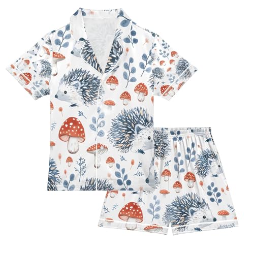 senya Hedgehog and Mushrooms Satin Summer Pajama Sets Silk Short Sleeve Button Down Sleepwear