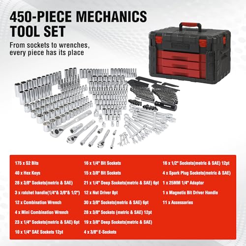 WORKPRO 450-Piece Drive Socket Set 1/2" 1/4" 3/8", CR-V Metric and Imperial with Quick-Release Ratchet Wrench, Spanners, Bits Set, Mechanics Tool for Car Repair thumbnail 4