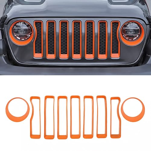 Image of MAXDOM 9PCS Grille Inserts Headlight Covers Set Fits for (2018-2023) Wrangler JL Sahara and Gladiator JT partial models Part#6KM35MRCAA Orange