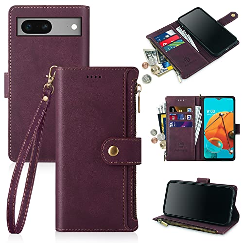 Antsturdy Wallet Case for Google Pixel 7, RFID Blocking Flip Phone Case with Card Holder, Zipper Wallet, Portable Wristband & Kickstand Function, Purple