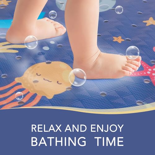 Image of PRATIQUE Kids Bath Mat for Tub Non Slip，40 X 16 Inch Extra Long Kids Bathtub Mat Ocean Bathtub Shower Mat Safety Anti Slip with Suction Cups and Drain Holes, Machine Washable(Dark Bule Whale)