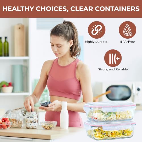 Image of Razab 6.5 Cups / 52 Oz 4 Piece (2 Containers + 2 Lids) Glass Food Storage Containers Set with Airtight Locking Lids - For Storing, Baking & Serving BPA Free, Leakproof - Microwave, Freezer & Oven Safe