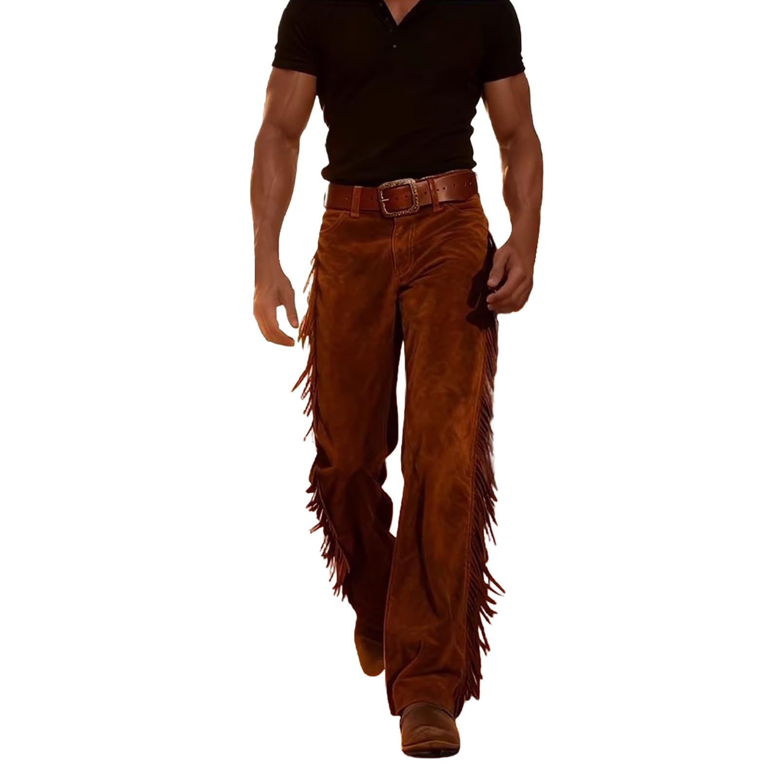 Pantalon de cowboy pour homme - Style hippie occidental - Avec pompons - Rétro - En daim - Pantalon indien à franges - Pantalon de loisirs - Taille haute - Pantalon d'équitation - Costume cospaly