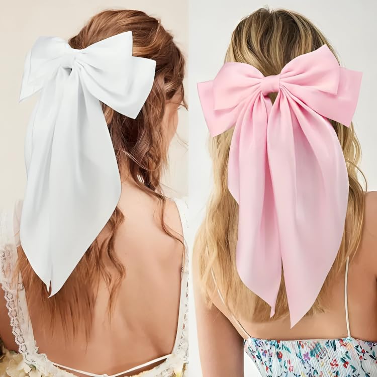 Image of FilterFashion Big Satin Layered Hair Bows for Women Girls 11.5 Inches Barrette Hair Clip Long Back Ribbon Bows French Style Hair Accessories (White,BabyPink)