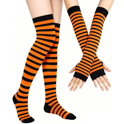 Image of YELAIVP Over Knee Rainbow Thigh High Socks Gloves Set Cosplay Accessories Arm Leg Warmers for Girls