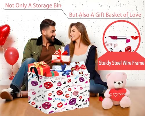 Image of Large Valentine's Day Basket Heart Shaped Storage Bin for Gifts Collapsible Organizer Room Decor (Mouth Black Love)