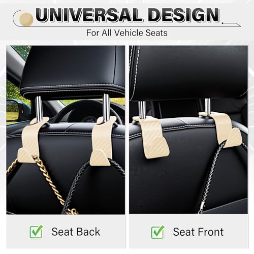 Image of SINGARO Universal 2 Pack Car Seat Headrest Purse Hook, Carbon Fiber Back Seat Hook Storage Organizer Hanger for Purse Handbag Coat, Car Interior Accessories(Beige)