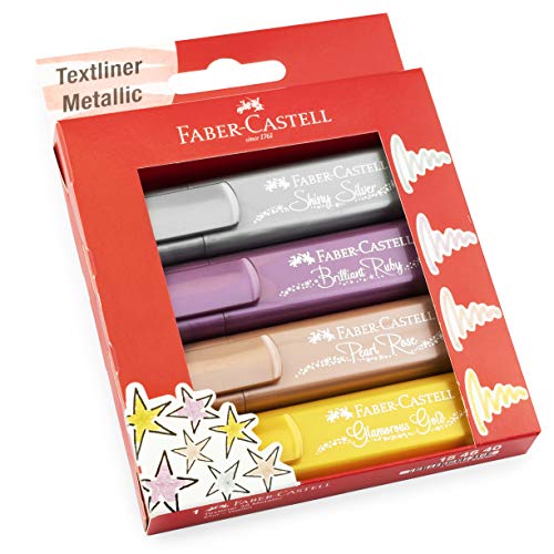 FABER-CASTELL 154640 - Set de surligneurs TL 46, Etui de 4, couleurs métalliques, avec pointe biseautée longue durée, largeur de trait 1-5 mm