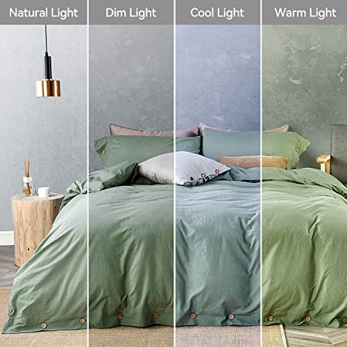 Jellymoni Green 100% Washed Cotton Duvet Cover Set, 3 Pieces Luxury Soft Bedding Set With Buttons Closure. Solid Color Pattern Duvet Cover Queen Size(No Comforter) #TOP7