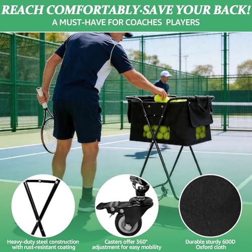 RJFKSNC Tennis Ball Hopper Cart with 4 Wheels，Foldable Large Capacity Pickleball & Tennis Ball Collector for Court Training, Coaching - Thumbnail 3