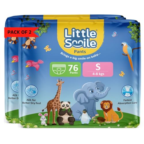 Image of Baby Diapers Pant Style | Size - S - 76 (Pack of 2) | Odorless and Antibacterial Layer with Urine Indicator (152 Pieces)