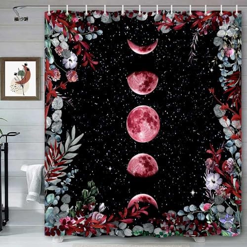 Moon Phase Shower Curtain, Aesthetic Red Moon Moonlit Celestial Night Garden Plants Herbs Botanical Floral Sky Gothic Bathroom Decor Bath Curtain 12 Hooks Fabric Polyester Washable, Boho Curtains