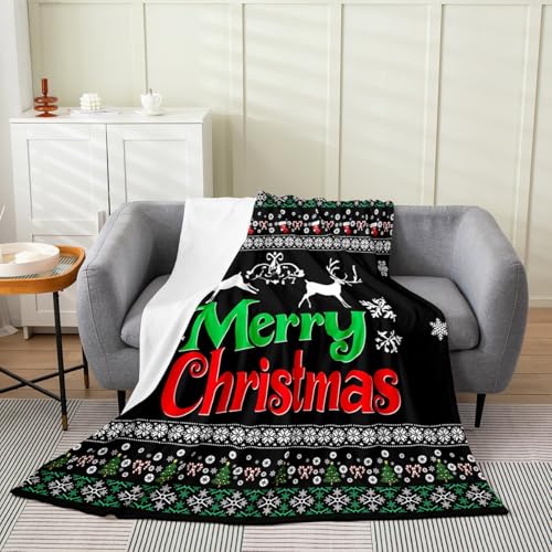 Erosebridal Merry Christmas Sherpa Blanket, Xmas Tree Deer Fleece Blanket Kids Adult, Magic Snowflake Decor for Teens Youth, Winter Theme Floral Black Pattern for Home Room Decor Queen