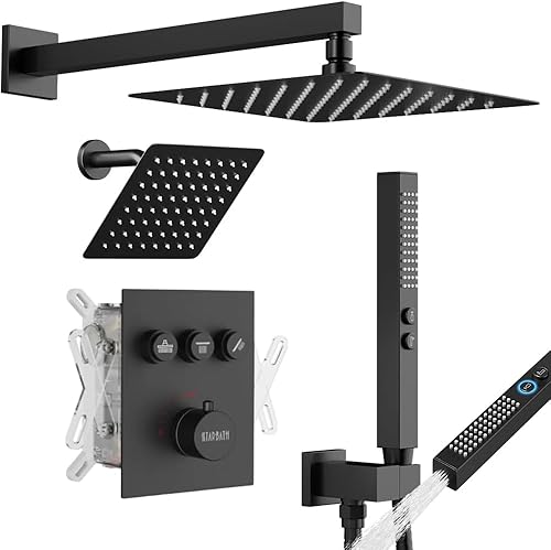 Vista 27 de Juego de grifo de ducha, sistema de ducha de 12 pulgadas con ducha de lluvia y de mano, cabezal doble de montaje en techo que puede funcionar todo