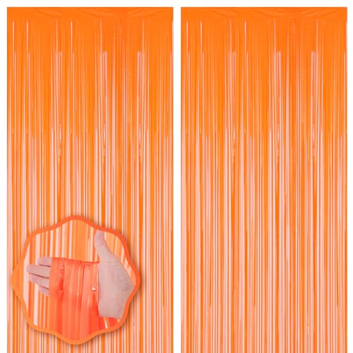 Image of Voircoloria 2 Pack Orange Foil Fringe Backdrop Curtains, Tinsel Streamers Birthday Party Decorations, Fringe Backdrop for Graduation, Baby Shower, Gender Reveal, Disco Party