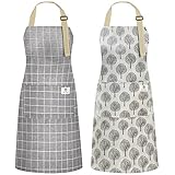 NLUS 2 Pack Waterproof Cooking Aprons, Adjustable Bib Soft Chef Apron with 2 Pockets for Men Women (Gray Stripe/Gray Trees)