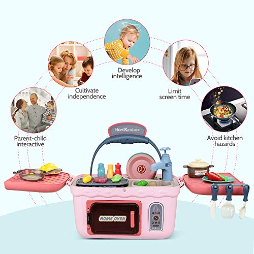 WQ Play Kitchen Sink Toys, Pretend Picnic Playset Toy with Realistic Light and Sound, Cookware Pot and Pan, Color Changing Play Food, Play House Pretend Role Play Toys for Boys Girls Christmas