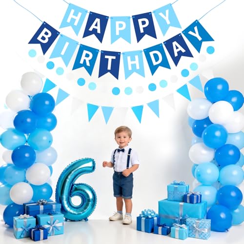 Image of Sky Blue Happy Birthday Banner Hanging Sign Circle Dot Triangle Bunting