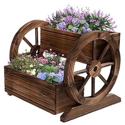OIPRTGFJ Wooden Wagon Planter Box, Garden Planter with Wheels,Decorative Flower Planter for Flowers Herbs Vegetables for Indoor & Outdoor Decor,Wooden Flower Cart for Patio Garden Balcony