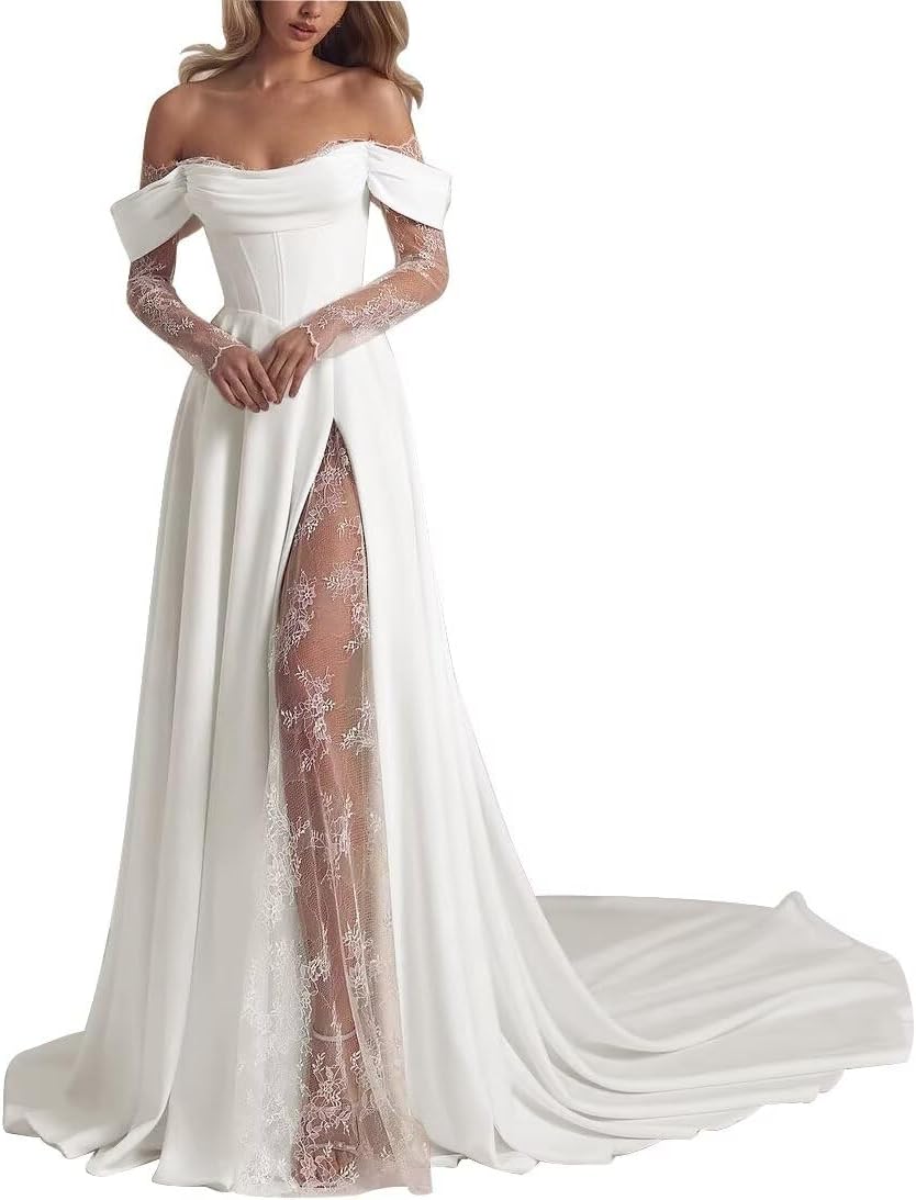 Boho Lace Wedding Dresses for Bride A-Line Bridal Gowns for Bride Beach Bridal Dress 2026